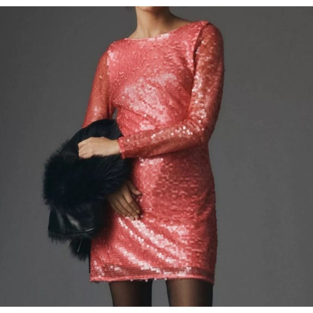 Pink Sequin Drape Back Mini Dress Anthropologie Long Sleeve NEW with Tags 16W - Picture 5 of 12